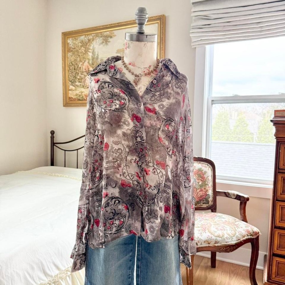 90s southern lady sheer floral button top size large